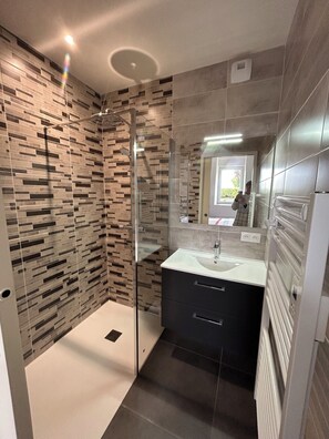 Dusch, hårtork, handdukar och toalettpapper