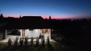 Een modern huis met een ruime garage, een zichtbare keuken en een klein terras.
