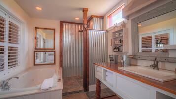 Shower, jetted tub, hair dryer, towels