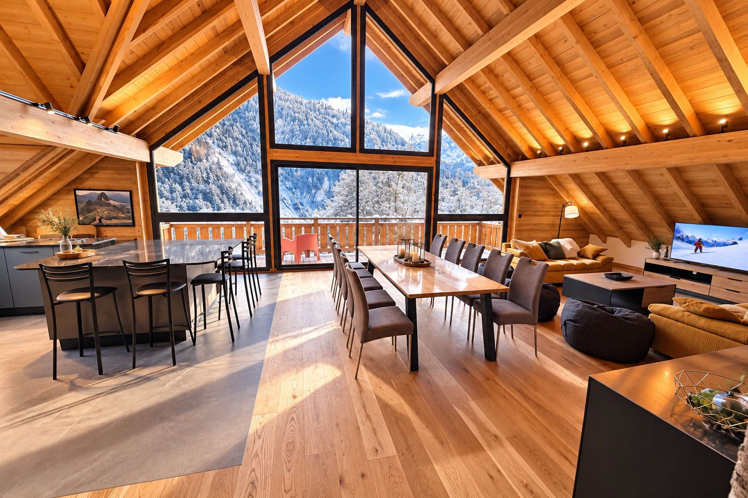 Um amplo loft com teto alto, janelas grandes com vista para as montanhas, área de jantar e sala de estar com televisão de tela plana.
