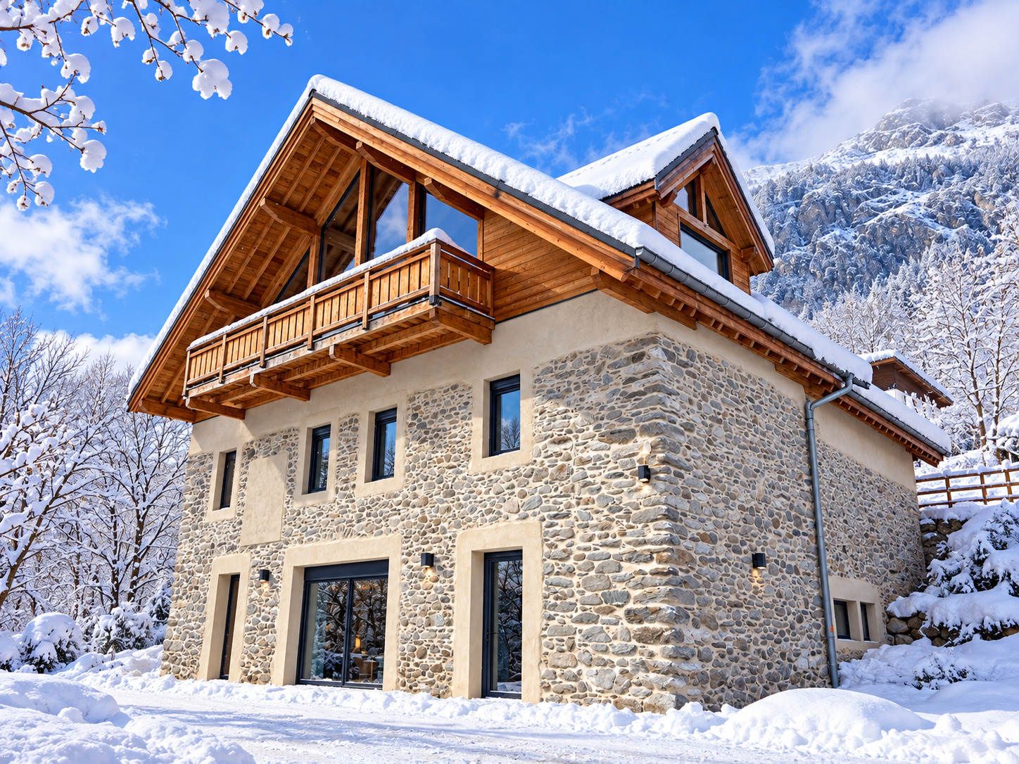 Un edificio in pietra con un balcone in legno, diverse finestre e uno sfondo montuoso innevato.