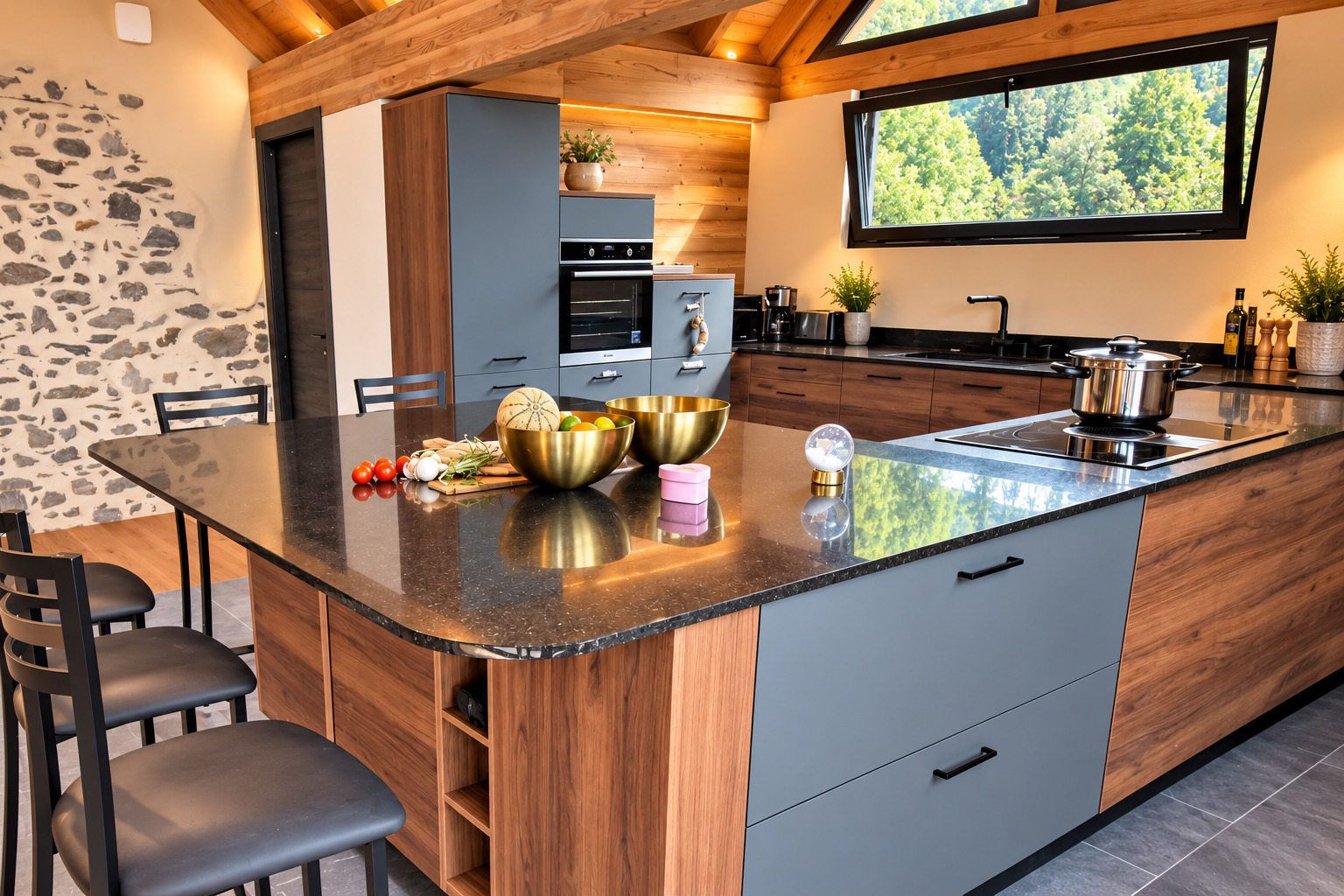 A modern kitchen with a central island, built-in appliances, and a stone accent wall.
