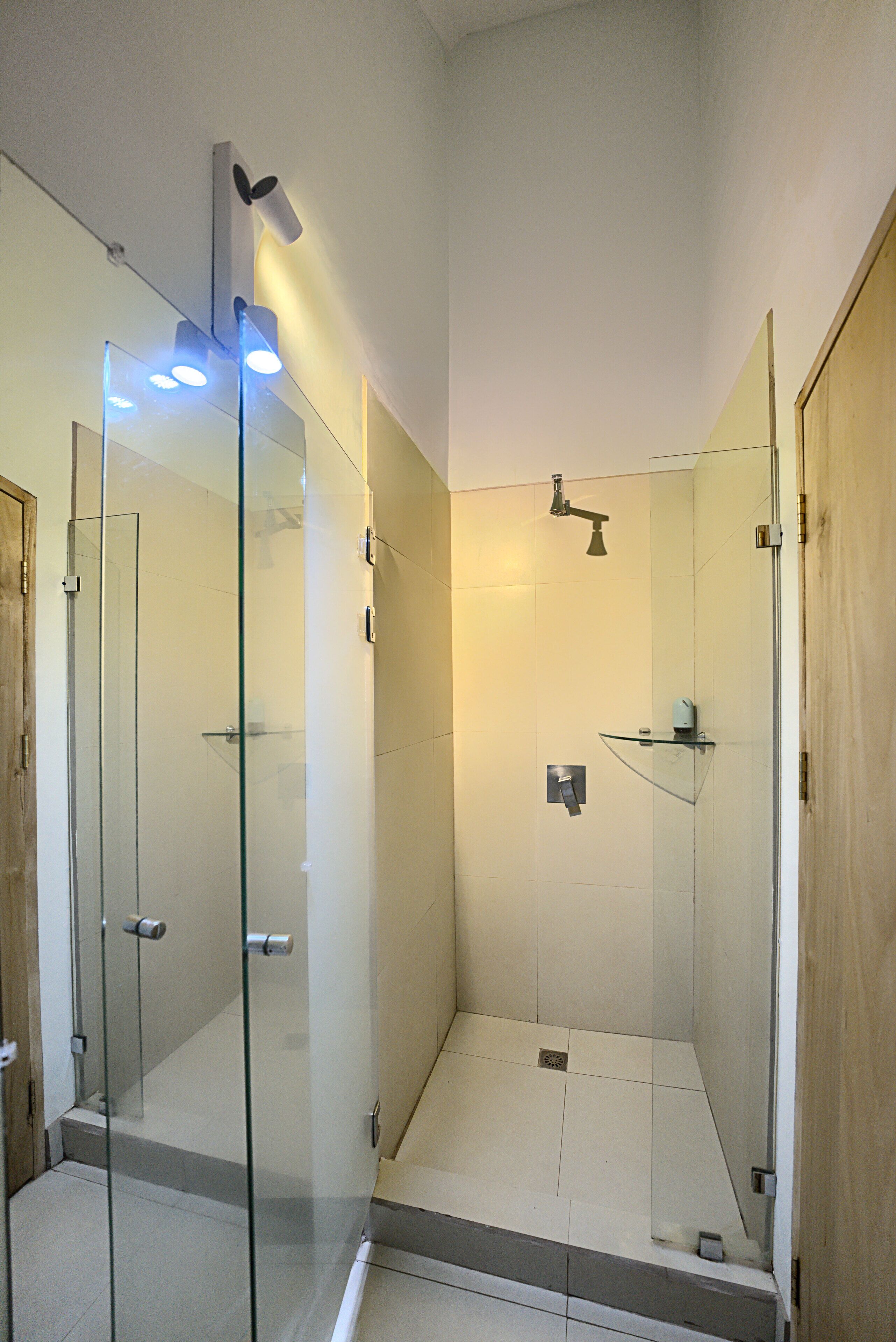 A modern bathroom with a glass shower enclosure, a wooden door, and a tiled floor.