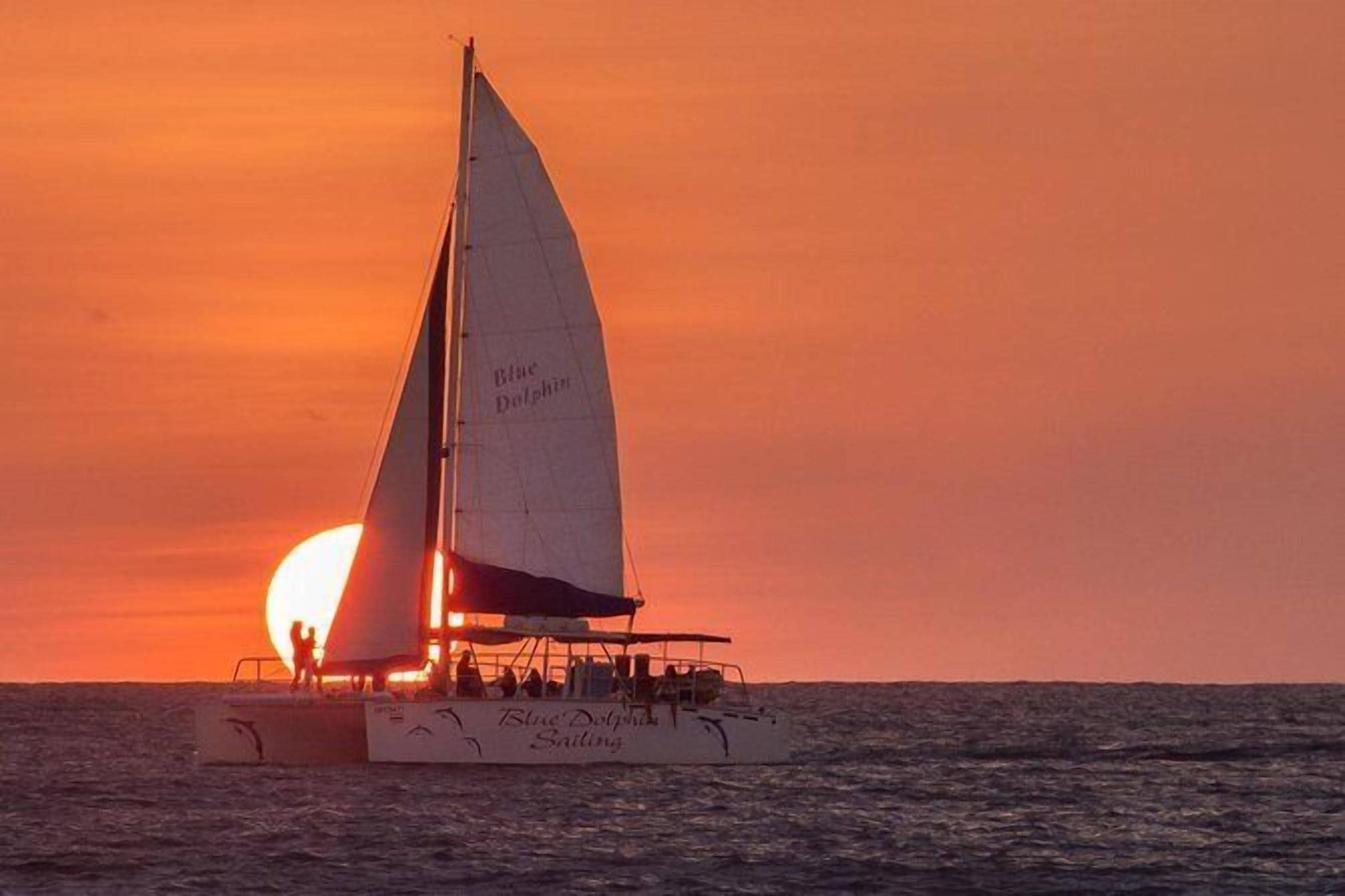 A sailboat with "Blue Dolphin Sailing" written on its side, sailing on the ocean during sunset.