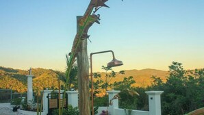 A garden with a metal lamp post and a white wall.