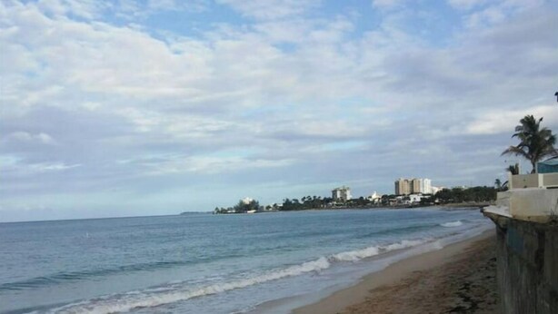 A beach with a sandy shore and a calm sea. There are buildings in the background, and a palm tree on the right. - Stay as a tourist & feel as a local; Beach & Loiza st. strip, everything near! (San Juan)