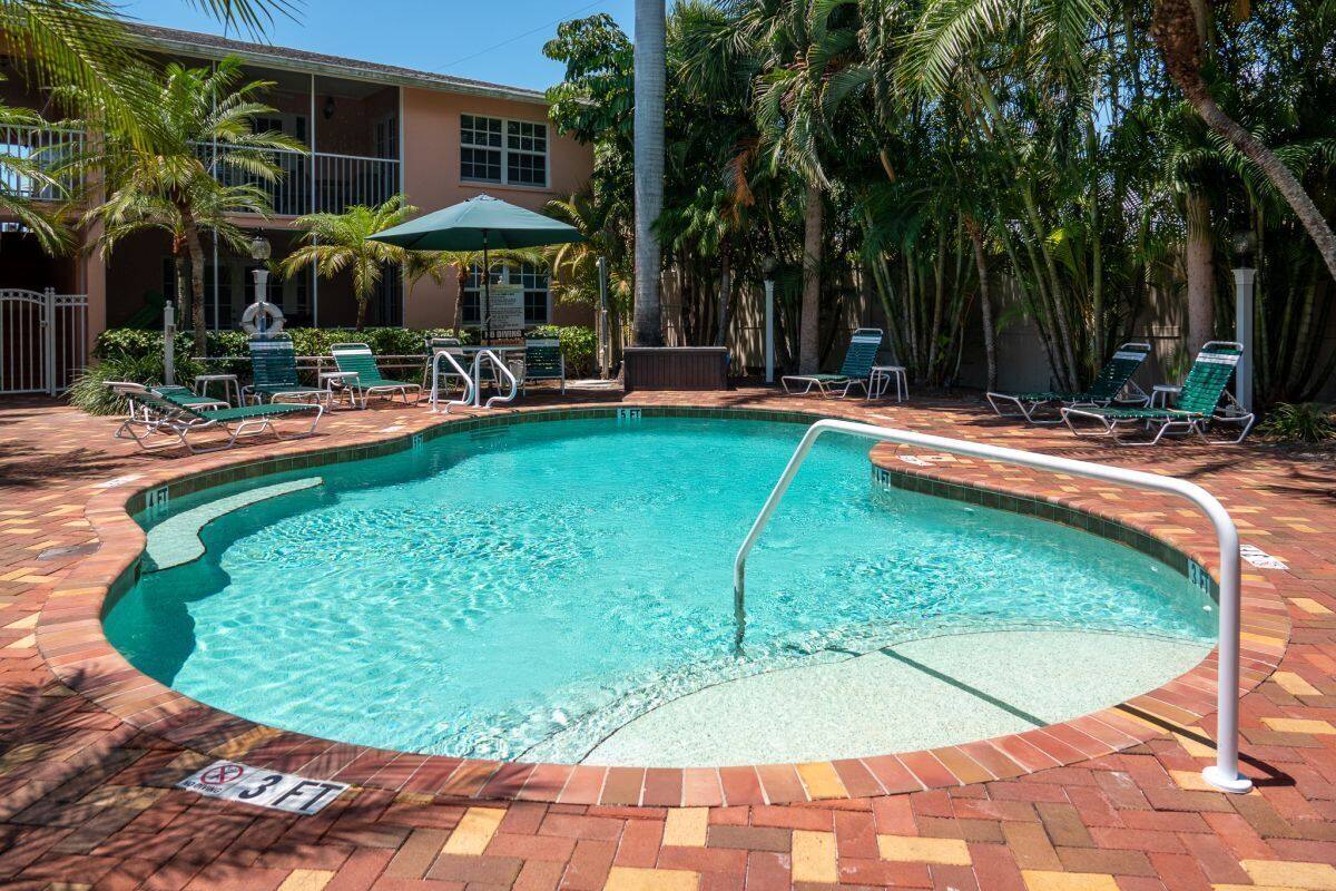 A swimming pool with a brick border, surrounded by lounge chairs and palm trees.