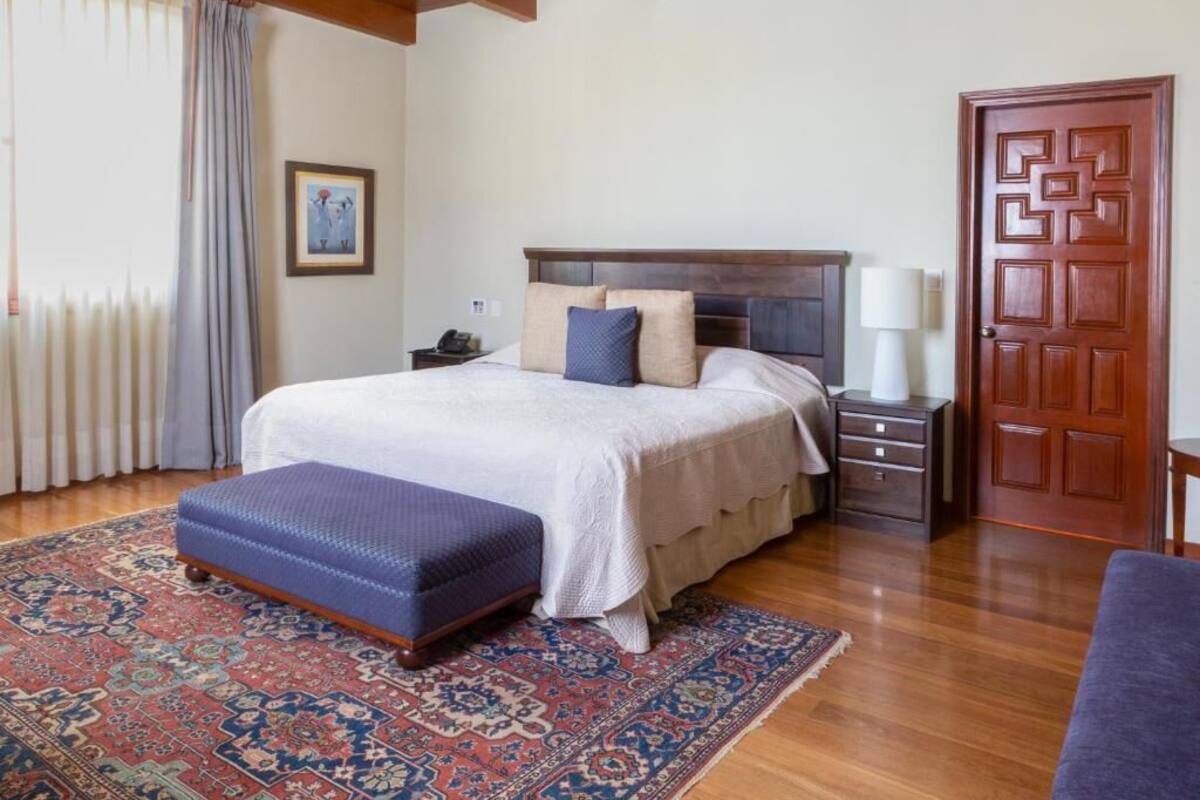 A bedroom with a large bed, a nightstand, a wooden door, and a patterned rug.