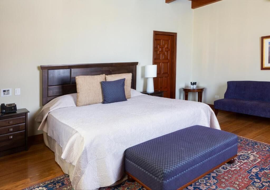 A bedroom with a large bed, a bedside table, a lamp, a sofa, and a patterned rug.