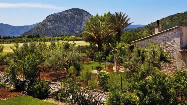 A rural landscape with a stone building, lush greenery, and a mountain in the background. - Villa Poley (IB)