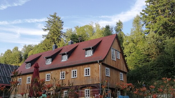 Une maison en bois avec un toit rouge, de nombreuses fenêtres et entourée d’arbres.