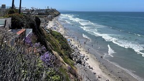 A beach with palm trees, a rocky cliff, and a view of the ocean. - 100' of Ocean Frontage at Moonlight Beach (Encinitas)