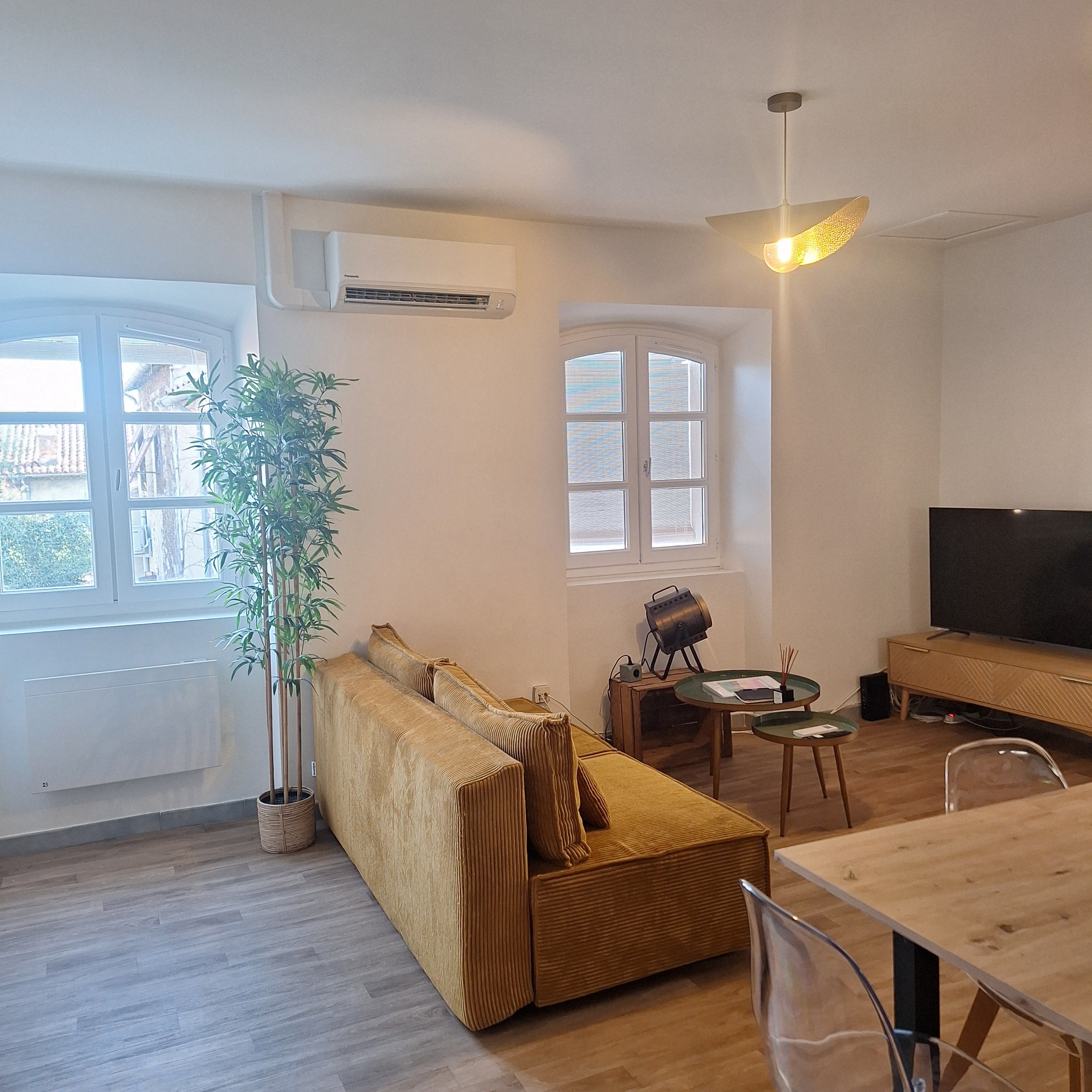 A modern living room with a sofa, a dining table, a television, and a potted plant.