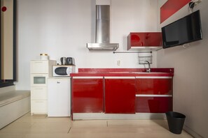 Fridge, microwave, electric kettle, toaster