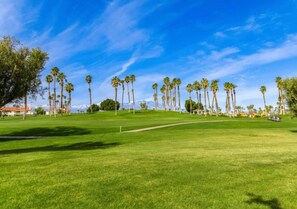 Een golfbaan met heldere lucht, palmbomen en een bergketen in de verte.