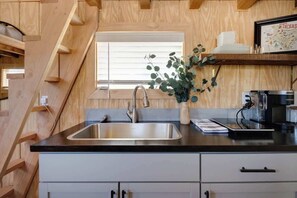 Fridge, toaster, cookware/dishes/utensils - NaturesBeauty Secluded TinyHome (Canyon)
