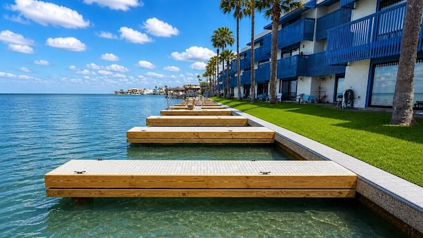 Hotel aan het water met houten pontons, palmbomen en een helderblauwe lucht.