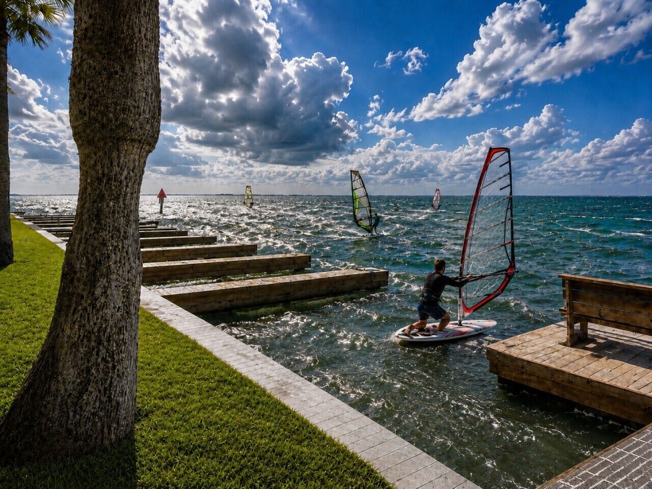 Une zone riveraine avec un quai en bois, un arbre et une personne pratiquant la planche à voile.