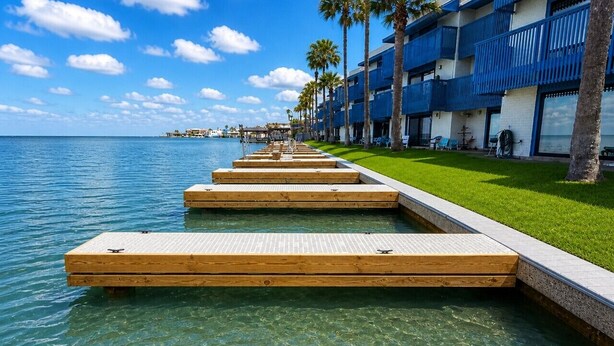 Un hôtel situé au bord de l’eau, doté de quais flottants en bois, de palmiers et surplombant un ciel d’un bleu limpide.