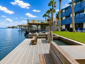 Un muelle de madera que se adentra en un cuerpo de agua con una piscina, palmeras y un edificio con balcones azules.