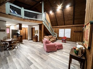 Smart TV, fireplace, books