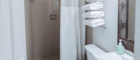 Shower, hair dryer, towels, soap