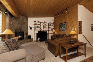 TV connectée, cheminée, livres