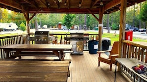Un espace extérieur abrité comprenant un barbecue, une table de pique-nique et des sièges.
