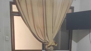 A room with a sofa, two pillows, a window with curtains, and a television.