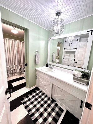Main floor 1/2 bath, includes sink and storage. Easy to close off from the shower room with a pocket door.