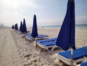 A beach with rows of sun loungers and umbrellas.