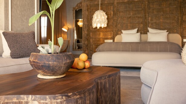 A cozy living room with a wooden coffee table, a potted plant, and a fruit bowl. - Les Palmiers Boutique Hôtel & Spa (Marrakech)