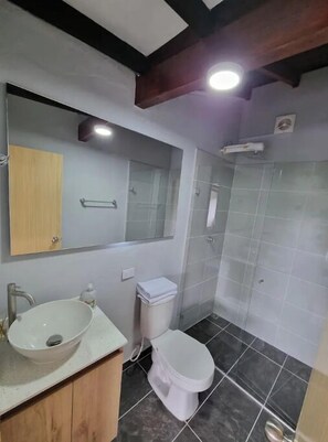 Douche, séchoir à cheveux, serviettes fournies, savon