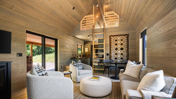 A modern interior with a wooden ceiling, a fireplace, a dining area, and a seating arrangement. - Hidden Acres - Austur Cabin (Petoskey)