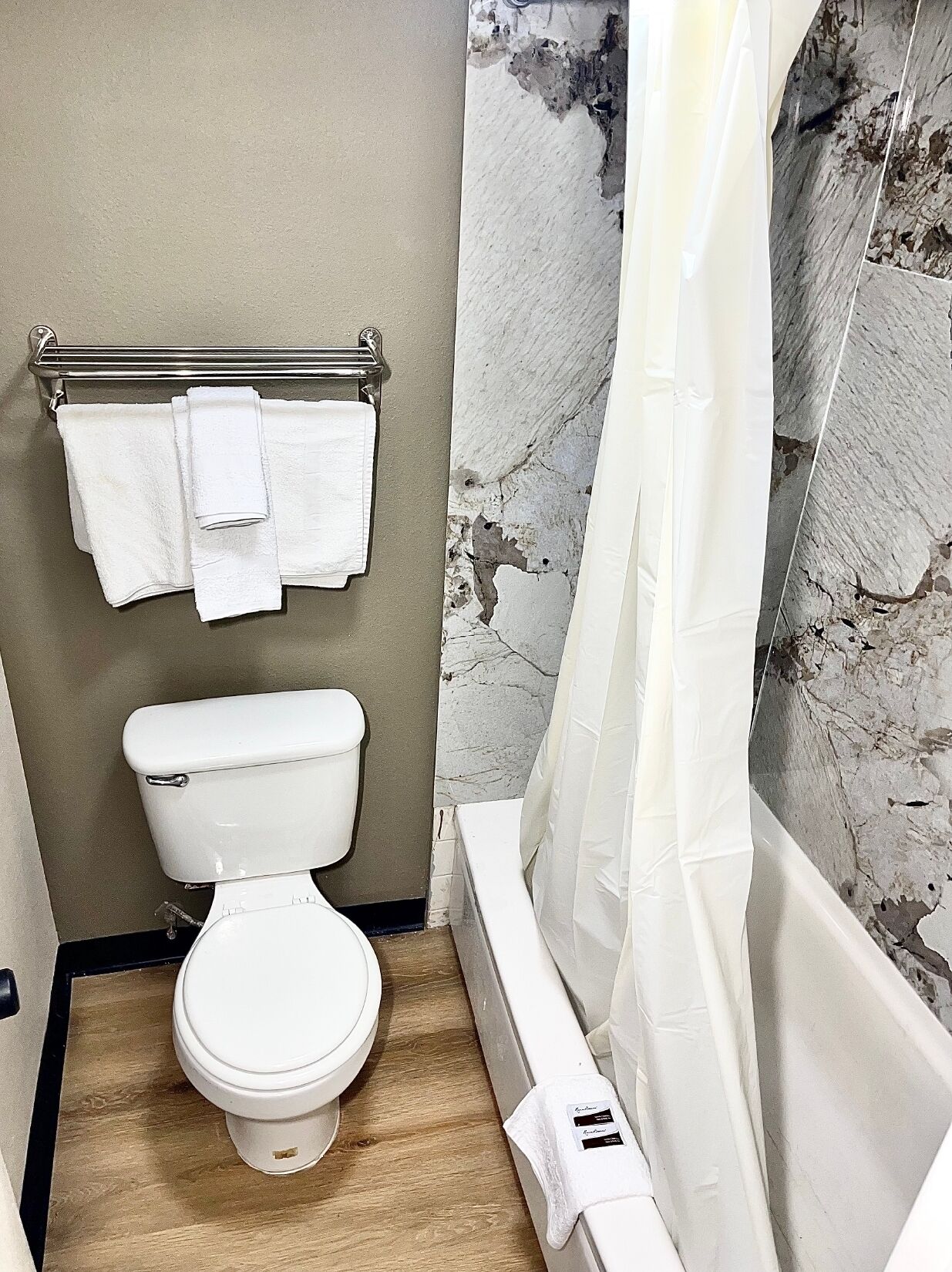 Desk, laptop workspace, blackout curtains, iron/ironing board