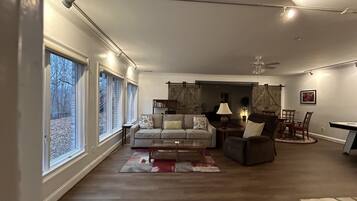 Smart TV, fireplace, books