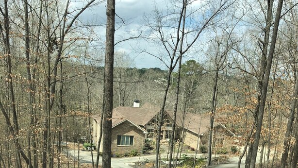 Un quartier résidentiel avec une allée pavée menant à une maison entourée d’arbres.