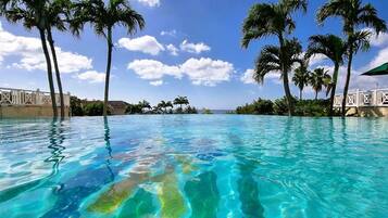 Une piscine aux eaux cristallines, entourée de palmiers et bordée d’une clôture blanche.