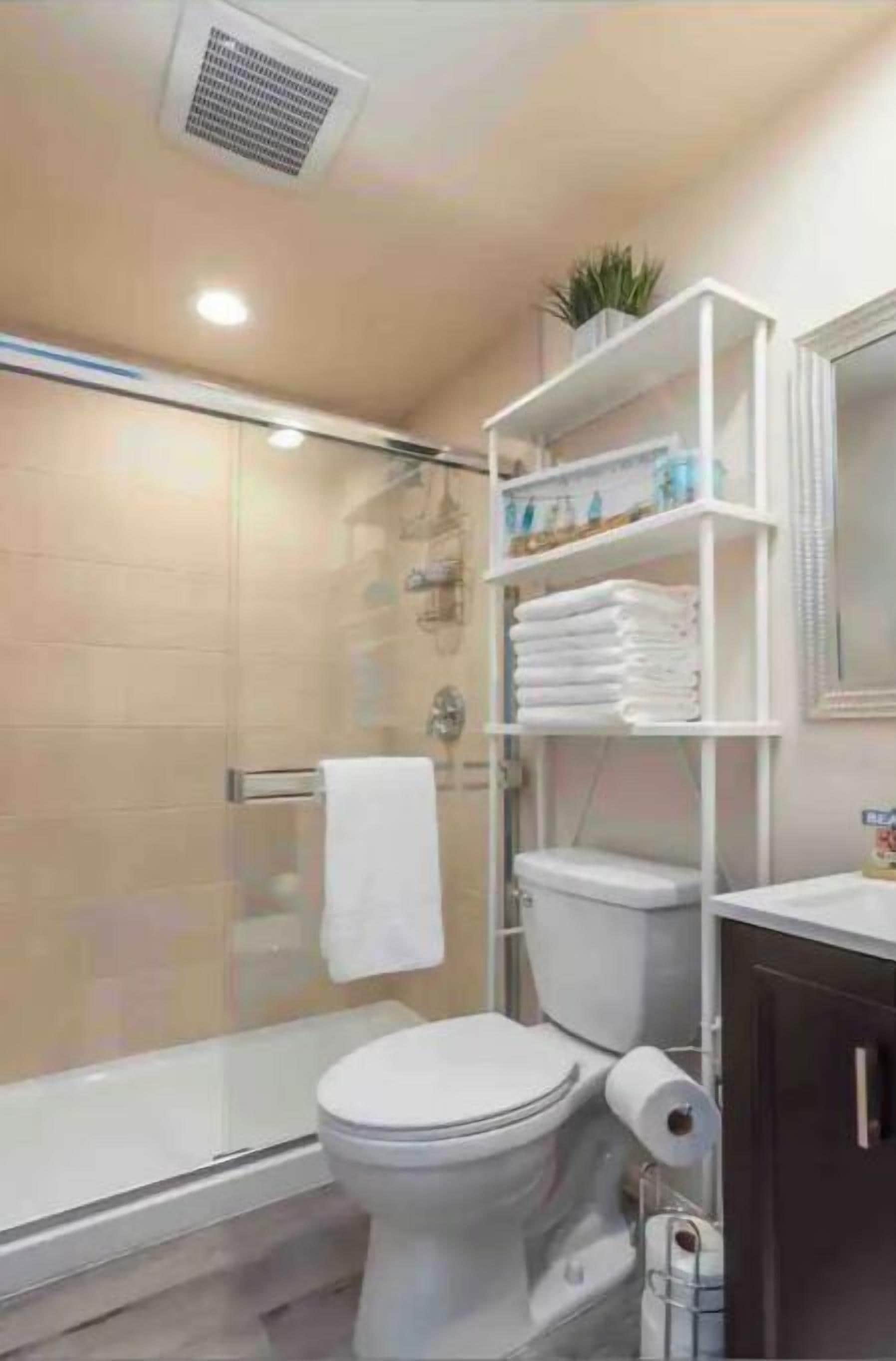 Hair dryer, towels, soap, shampoo