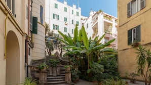 A narrow courtyard with a stone staircase, potted plants, and buildings with balconies.
