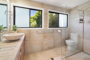 Hair dryer, towels, soap, toilet paper