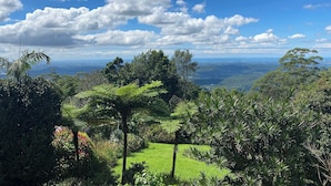 Üppige Landschaft mit verschiedenen Bäumen und einem Blick auf eine Stadt in der Ferne.