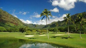 Un parcours de golf avec un étang, des palmiers et des montagnes en arrière-plan.