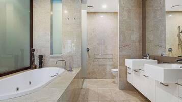 Combined shower/bathtub, hair dryer