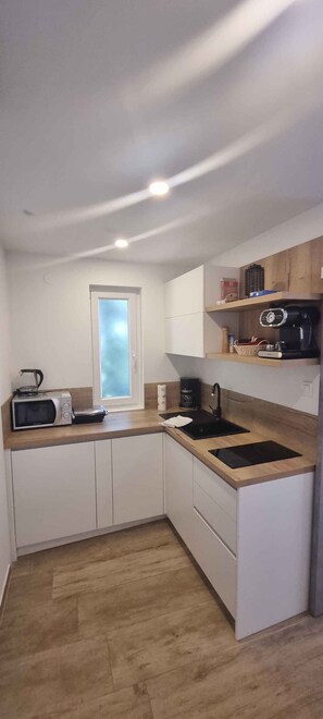 Frigorífico, microondas, placa de cocina y lavavajillas