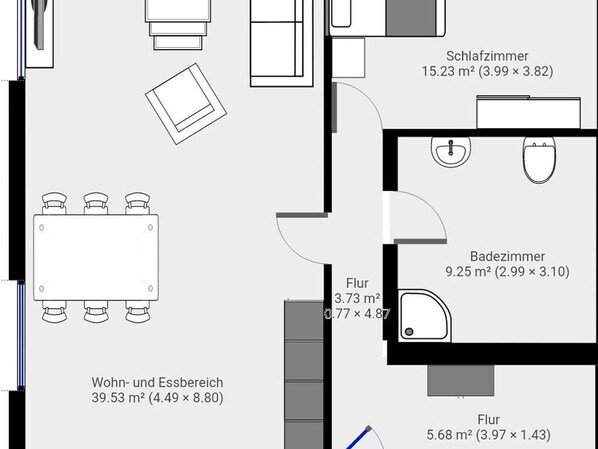 A hotel room layout with a living area, kitchenette, bathroom, and a balcony.
