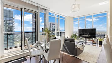 Smart TV, fireplace, books