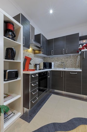 Fridge, microwave, dining tables