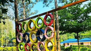 A colorful tire wall structure in a grassy outdoor area with trees and a building in the background.