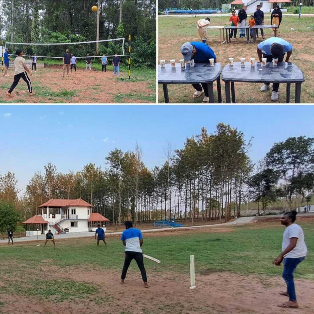 Una cancha de voleibol con jugadores, una mesa con vasos, y una cancha de críquet con jugadores.